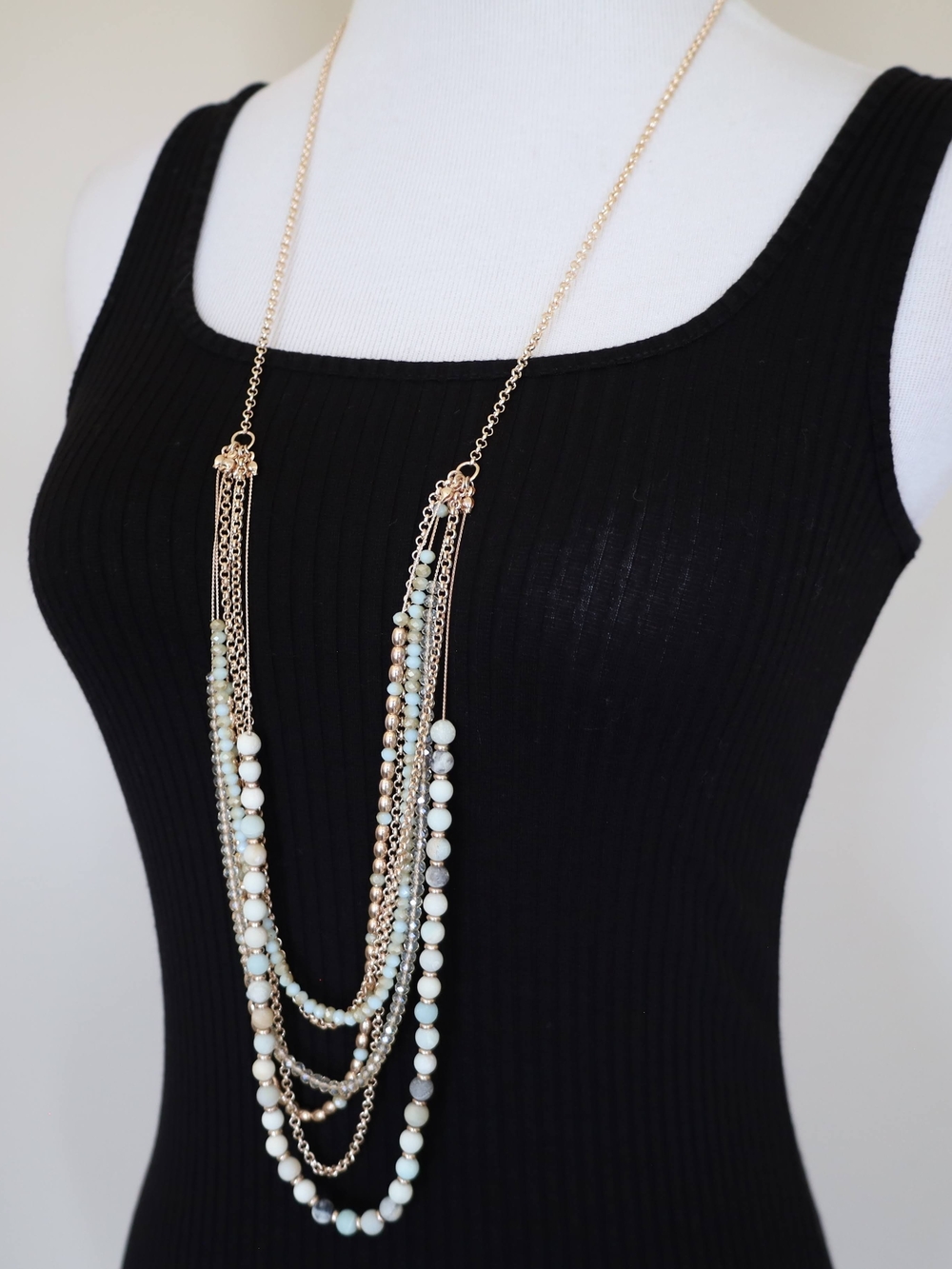 Layered Gold Multi-Strand Beaded Necklace in Pale Mint